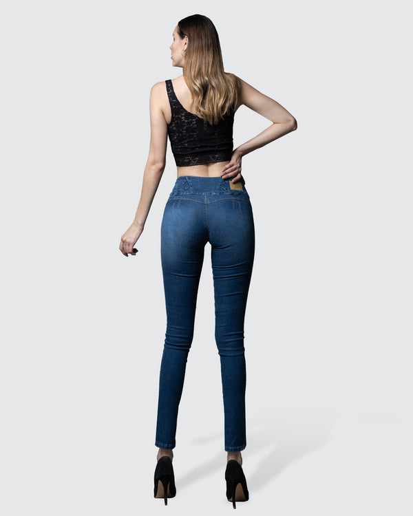 Jeans corte colombiano - push up, skinny fit, medium waist - tiro medio, mezclilla color azul doble stone, sin pretinas ni bolsillos, cierre con botones y cremallera.