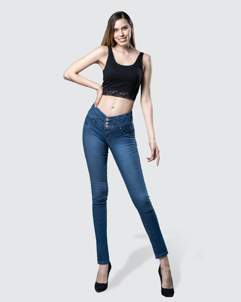 Jeans corte colombiano - push up, skinny fit, medium waist - tiro medio, mezclilla color azul doble stone, sin pretinas ni bolsillos, cierre con botones y cremallera.