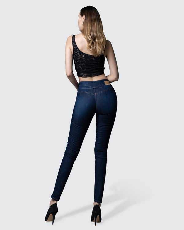 Jeans corte colombiano - push up, skinny fit, medium waist - tiro medio, mezclilla color azul stone, sin pretinas ni bolsillos, cierre con botones y cremallera.