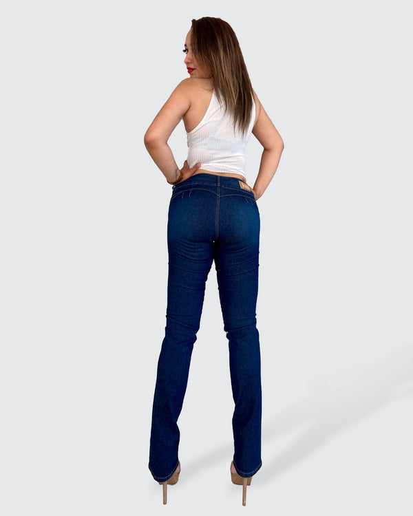 jeans corte colombiano - push up, recto, high waist, mezclilla color azul stone, con pretinas, sin bolsillos, cierre con botones y cremallera