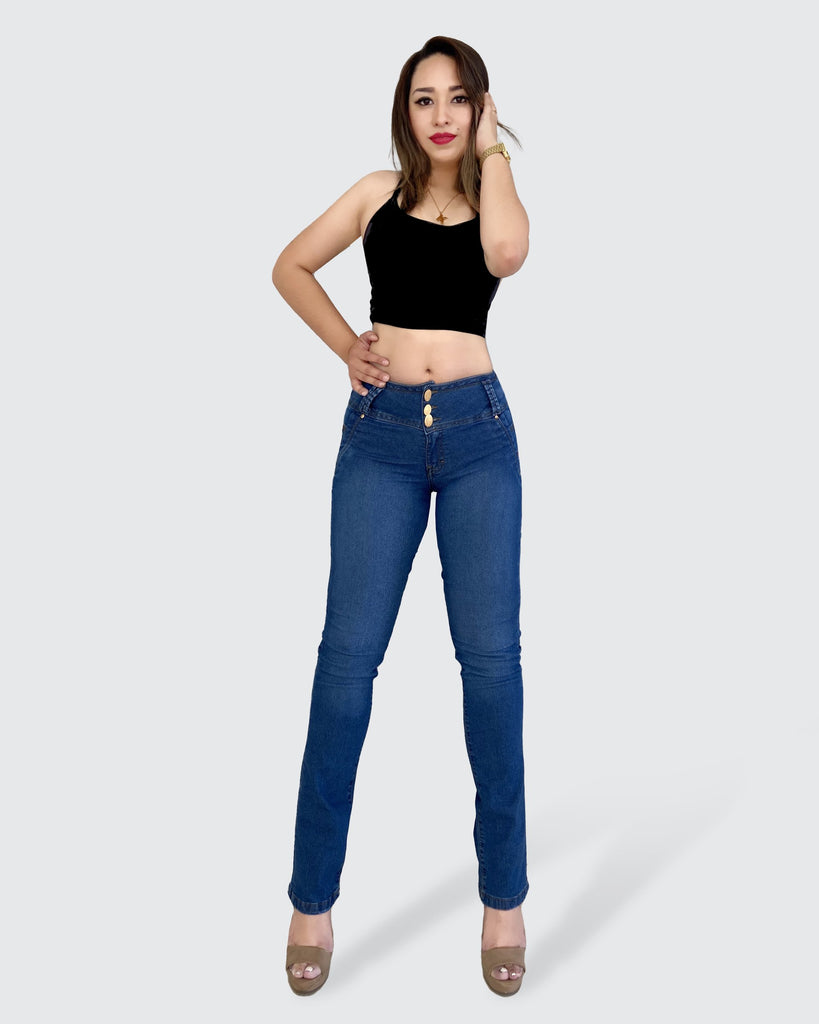 jeans corte colombiano - push up, recto, high waist, mezclilla color azul doble stone, con pretinas, con bolsillos traseros, cierre con botones y cremallera